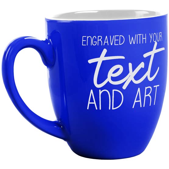 Custom Blue Ceramic Bistro Mug Laser Engraved To Show Customizable Areas For Text And Art Against A White Background