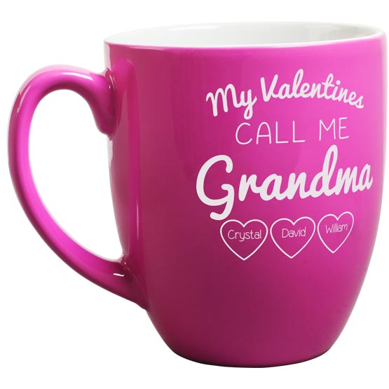 Custom Pink Ceramic Bistro Mug Laser Engraved With My Valentines Call Me Grandma And Names Inside Hearts