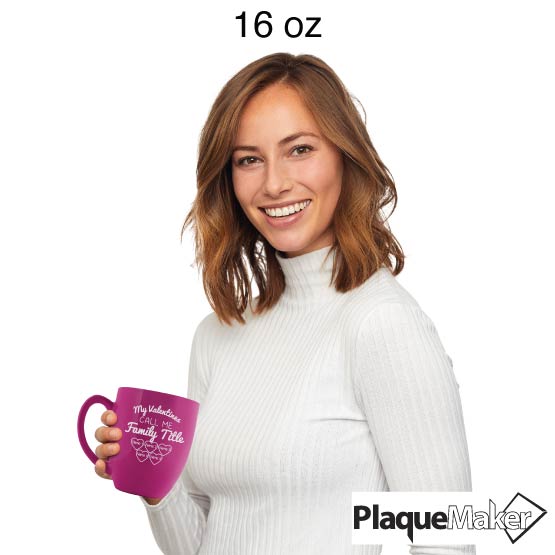 Size Guide With Happy Woman Holding Custom Pink Ceramic Bistro Mug Engraved With My Valentines Call Me And Customizable Areas