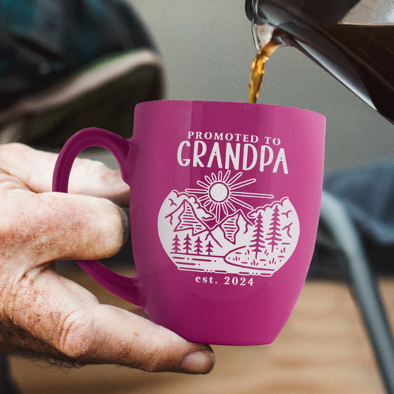 Man Hand Pouring Coffee Into Custom Pink Ceramic Bistro Mug Engraved With Nature Art And Promoted To Grandpa Text 