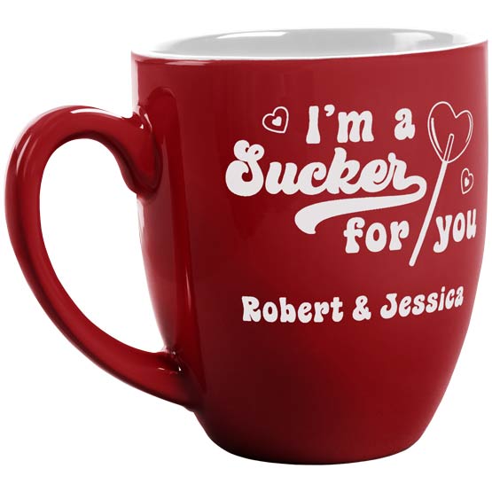 Custom Red Ceramic Bistro Mug Laser Engraved With I’m A Sucker For You And Heart Shaped Lollipop Art And Couple Names