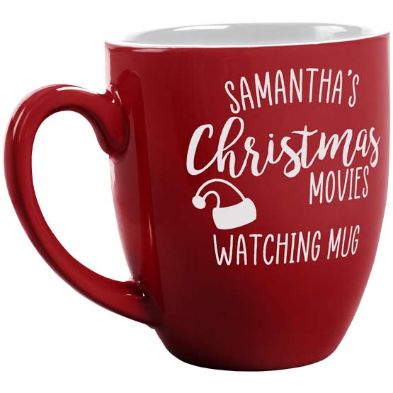 Custom Red Bistro Mug Laser Engraved With Samantha’s Christmas Movies Watching Mug And Santa Hat Against White Background