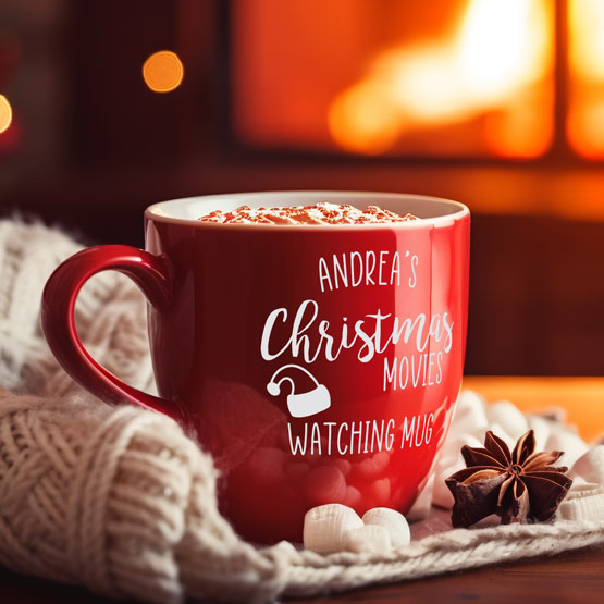 Custom Red Bistro Mug Laser Engraved With Santa Hat And Andrea’s Favorite Christmas Movies Watching Mug On Table With Macrame
