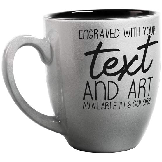 Custom Silver Ceramic Bistro Mug Laser Engraved To Show Customizable Areas For Text And Art And Color Availability