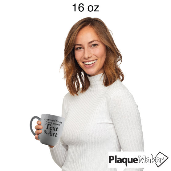 Size Guide With Happy Woman Holding Silver Ceramic Bistro Mug Engraved To Show Customizable Areas For Text And Art