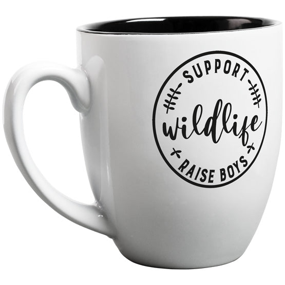 Custom White Ceramic Bistro Mug Laser Engraved With Support Wildlife Raise Boys Message Against A White Background