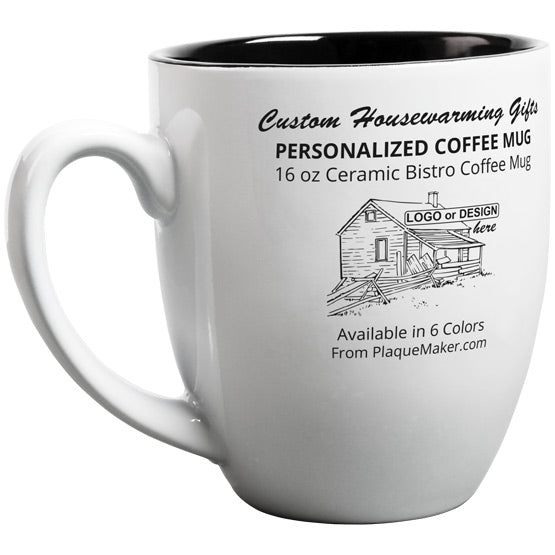 A white ceramic coffee mug with black interior, featuring custom engraved text and a placeholder artwork, shown on a white background.