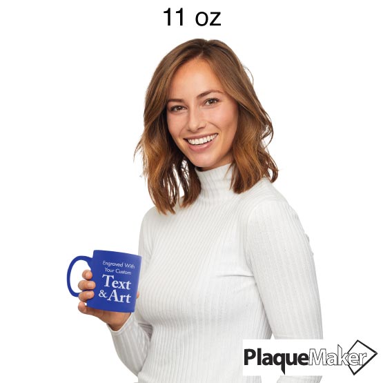 Size Guide With Happy Woman Holding Custom Blue Coffee Mug Laser Engraved To Show Customizable Areas For Text And Art
