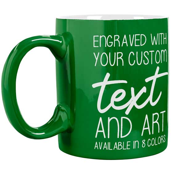 Custom Green Coffee Mug Laser Engraved To Show Customizable Areas For Text And Art Against A White Background