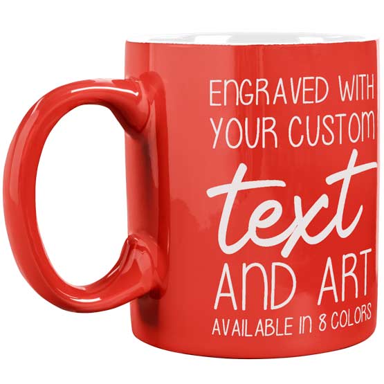 Custom Orange Coffee Mug Laser Engraved To Show Customizable Areas For Text And Art Against A White Background
