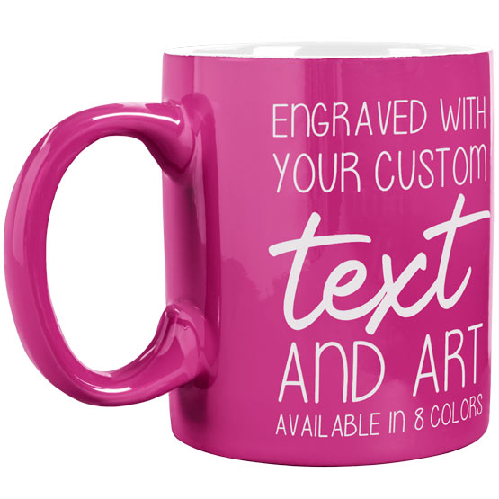 Custom Pink Coffee Mug Laser Engraved To Show Customizable Areas For Text And Art Against A White Background