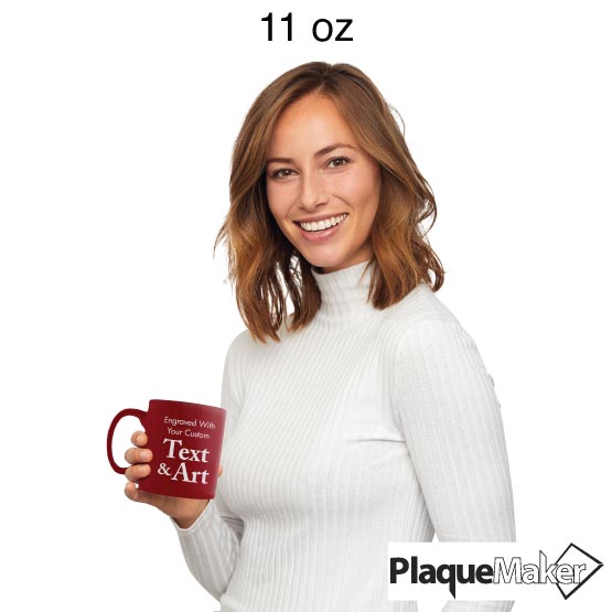 Size Guide With Happy Woman Holding Custom Red Coffee Mug Engraved To Show Customizable Areas For Text And Art