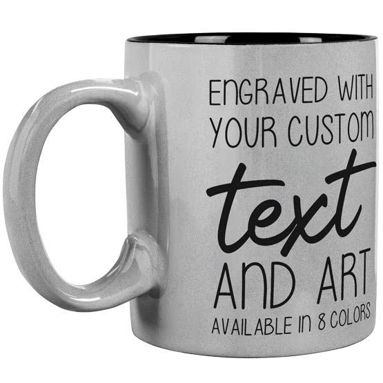 Custom Silver Coffee Mug Laser Engraved To Show Customizable Areas For Text And Art And Color Availability