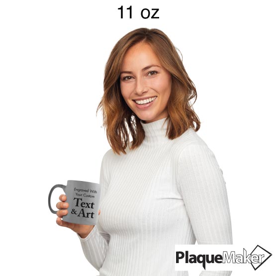 Size Guide With Happy Woman Holding Custom Silver Coffee Mug Engraved To Show Customizable Areas For Text And Art