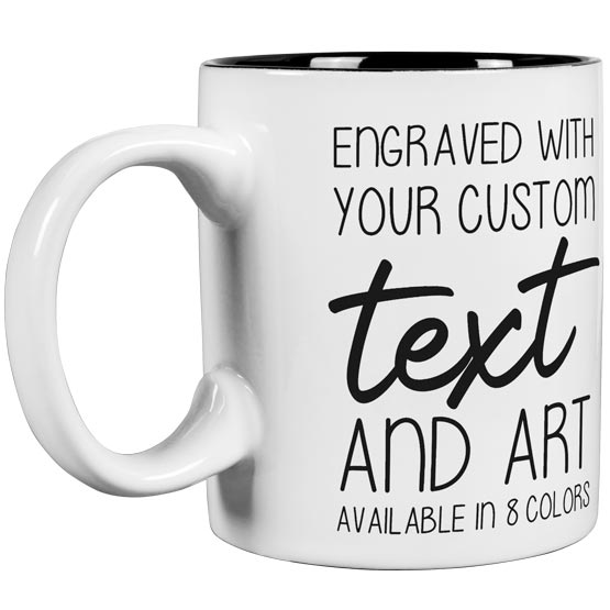 Custom White Coffee Mug Laser Engraved To Show Customizable Areas For Text And Art Against A White Background