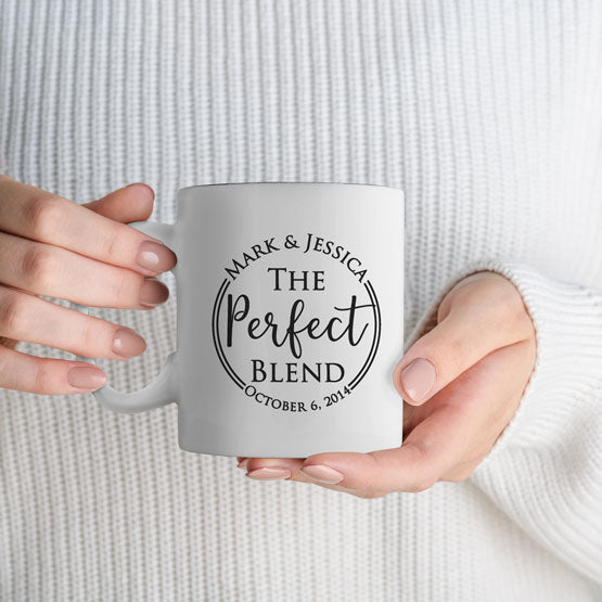 Woman Hands Holding Custom White Coffee Mug Laser Engraved With Couple Names And The Perfect Blend Text And Date