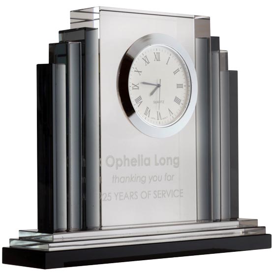 Custom Art Deco Shaped Glass Desk Clock Engraved With Years Of Service Appreciation Message And Standing On A Black Base