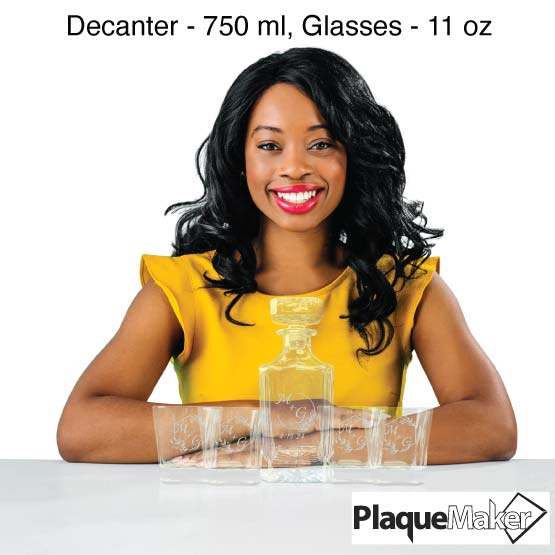 Size Guide With Happy Woman Sitting Behind Custom Glass Decanter With Stopper And Four Matching Rocks Glasses