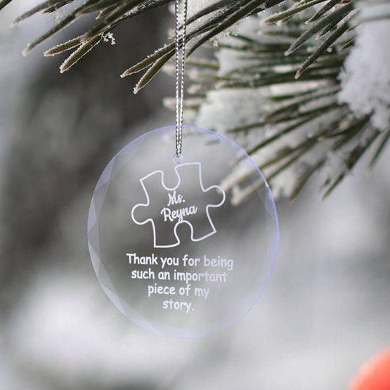 Custom Circle Glass Ornament Engraved With Puzzle Piece Art And Teacher Appreciation Message Hanging On Christmas Tree