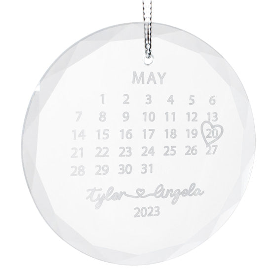 Custom Circle Glass Ornament With Silver String And Engraved With Calendar Art And Couple Names And Date