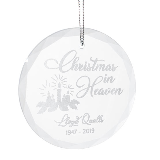 Custom Circle Glass Ornament With Silver String And Engraved With Candles And Christmas In Heaven And Name And Years Lived