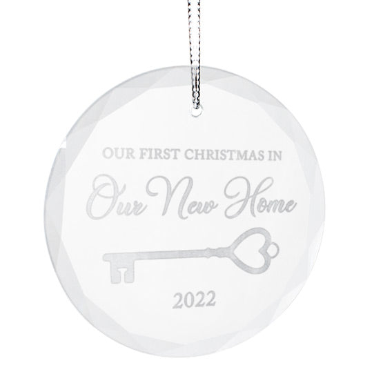 Custom Circle Glass Ornament With Silver String And Engraved With First Christmas In Our New Home Text And Key Art And Date