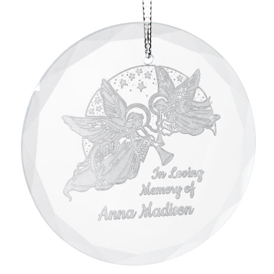 Custom Circle Glass Ornament With Silver String And Engraved With Detailed Angel Artwork And In Loving Memory Of Anna Madison