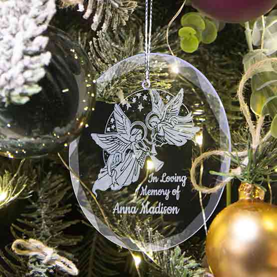 Custom Circle Glass Ornament Engraved With Detailed Angel Artwork And In Loving Memory Of Anna Madison On A Christmas Tree