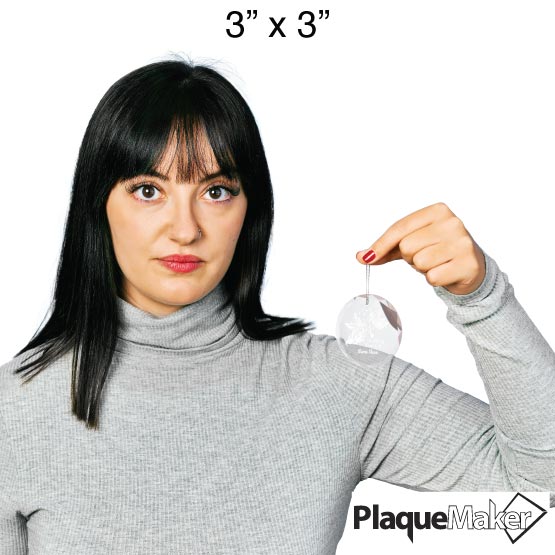 Size Guide With Woman Holding Custom Circle Glass Ornament Engraved With Angel Artwork And Customizable Memorial Area