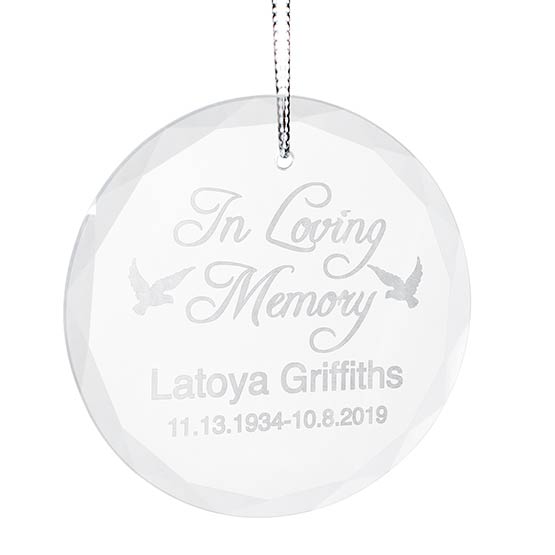 Circle Glass Christmas Ornament With Silver String And Engraved With In Loving Memory And Name And Years Lived And Doves Art