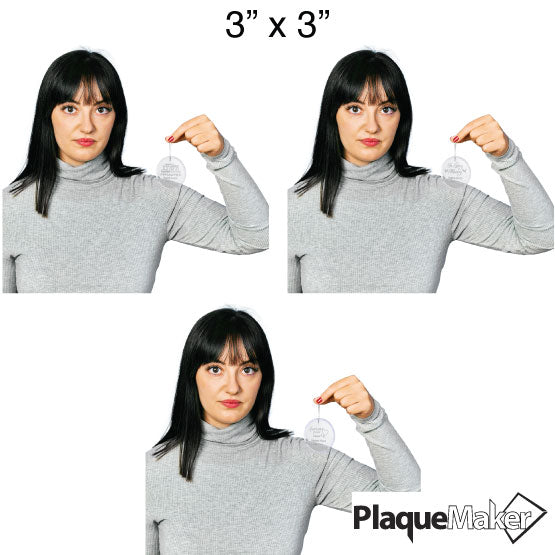 Size Guide With Woman Holding Different Sizes And Memorial Options For Circle Glass Christmas Ornament Via Silver String