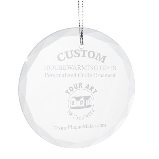 A round glass ornament hanging on a silver chain with customizable engraved frosted text and placeholder artwork, set on a white background.
