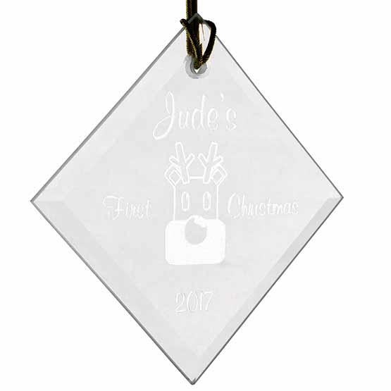 Custom Diamond Shaped Glass Ornament With String And Engraved With Jude’s First Christmas And Date And Cute Reindeer Art