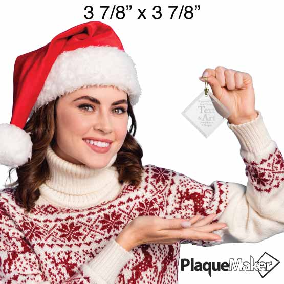 Size Guide With Festive Woman Holding Diamond Shaped Glass Ornament Engraved To Show Customizable Areas For Text And Art