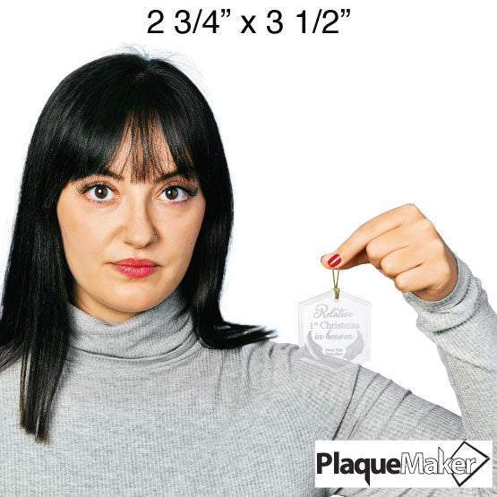 Size Guide Of Woman Holding Hexagon Glass Ornament With Angel Wing Art And Customizable First Christmas In Heaven Memorial