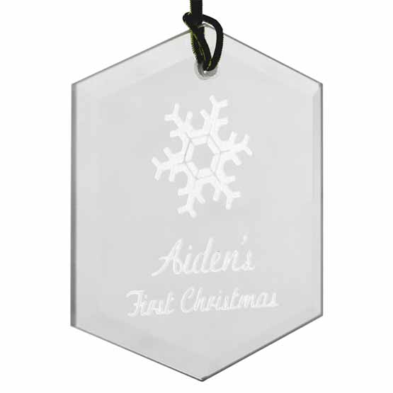 Custom Hexagon Glass Ornament With String And Engraved With Snowflake Art And Aiden’s First Christmas Text