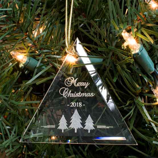 Custom Triangle Glass Ornament Engraved With Merry Christmas Text And Christmas Tree Art Hanging On A Christmas Tree