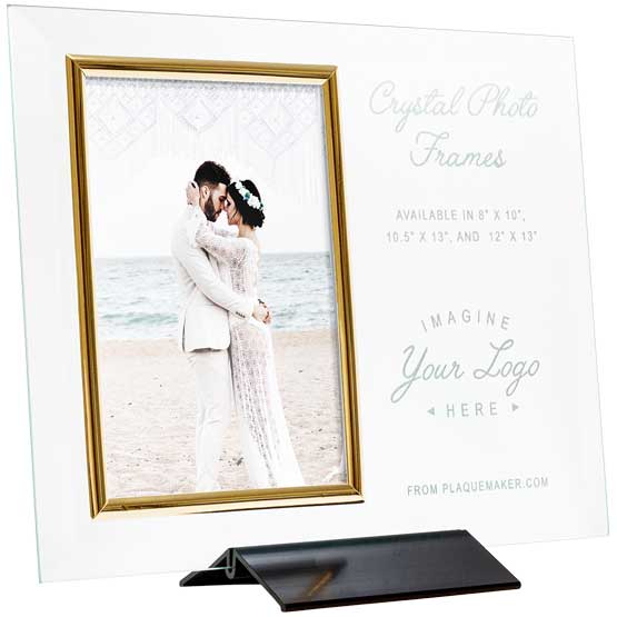 Custom Glass Picture Frame With Black Base And Couple Photo And Engraved To Show Customizable Areas For Text And Art