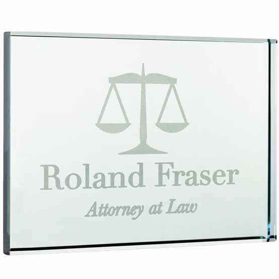 Custom Rectangle Glass Paperweight Engraved With Justice Scale Artwork And Roland Fraser Attorney At Law Text