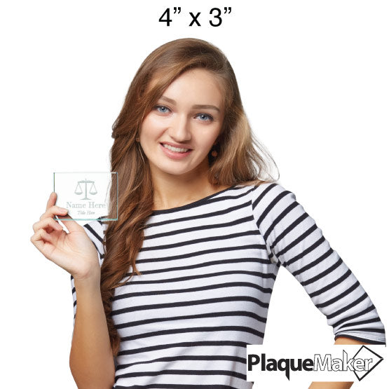Size Guide With Happy Woman Holding Custom Glass Paperweight Engraved With Justice Scale Art And Showing Customizable Area