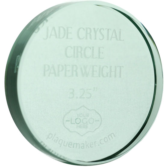 Custom Circle Glass Paperweight Engraved To Show Customizable Areas For Text And Art Against A White Background