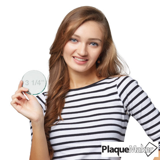 Size Guide With Happy Woman Holding Custom Circle Glass Paperweight Showing Measurements Against A White Background
