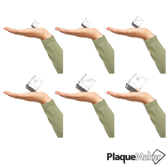 Size Guide With Hand Holding Six Different Sizes Of Custom Cube Glass Paperweight And Showing Measurements