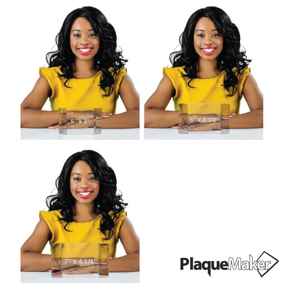 Size Guide With Happy Woman Sitting Behind Three Sizes Of Custom Faceted Glass Paperweights Showing Measurements