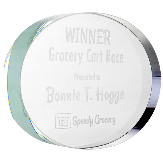 Custom Oval Glass Paperweight Engraved With Award Message For Grocery Cart Race And Name And Speedy Grocery Logo