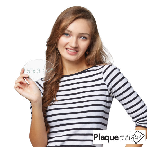 Size Guide With Happy Woman Holding Custom Oval Glass Paperweight Showing Measurements Against A White Background