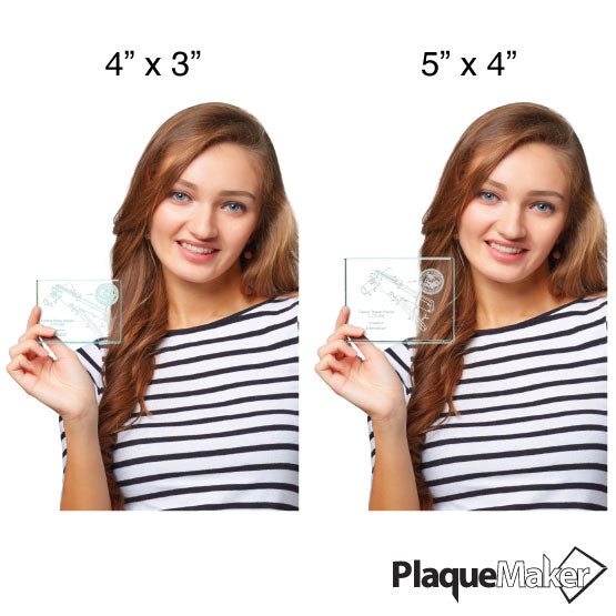 Size Guide With Happy Woman Holding Two Sizes Of Custom Glass Paperweight Engraved With Sample Patent Image And Details