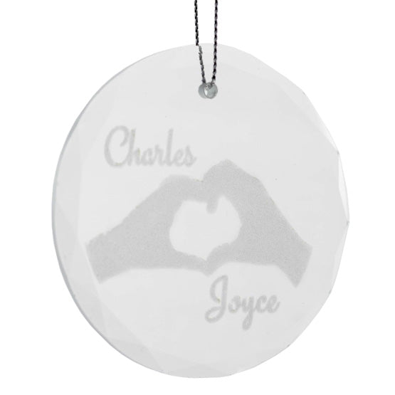 Custom Circle Glass Suncatcher With Thin Silver Chain And Engraved With Couple Names And Hands Making Heart Artwork