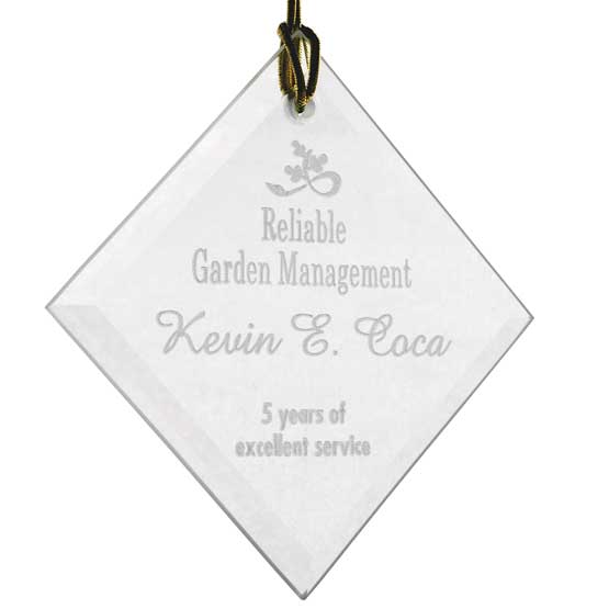 Custom Diamond Shaped Glass Suncatcher With Gold String And Engraved With Logo And Years Of Service Appreciation Message