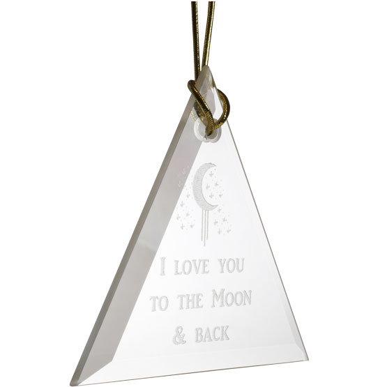 Custom Triangle Glass Suncatcher With Gold String And Engraved With Moon Art And I Love You To The Moon And Back Text